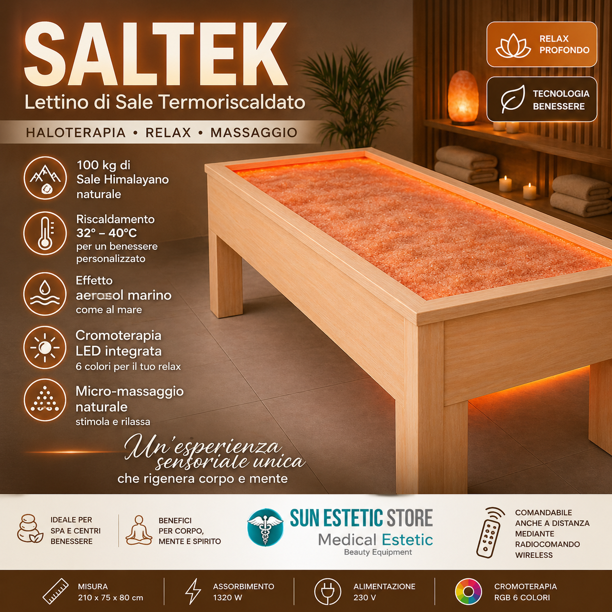 Saltek lettino al sale himalayano termoriscaldato con cromopterapia estetica massaggi