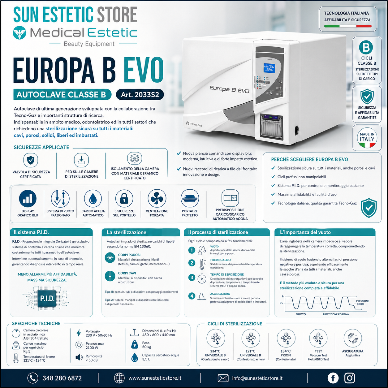 Europa B Evo Autoclave classe B a vapore sterilizzazione attrezzi estetica