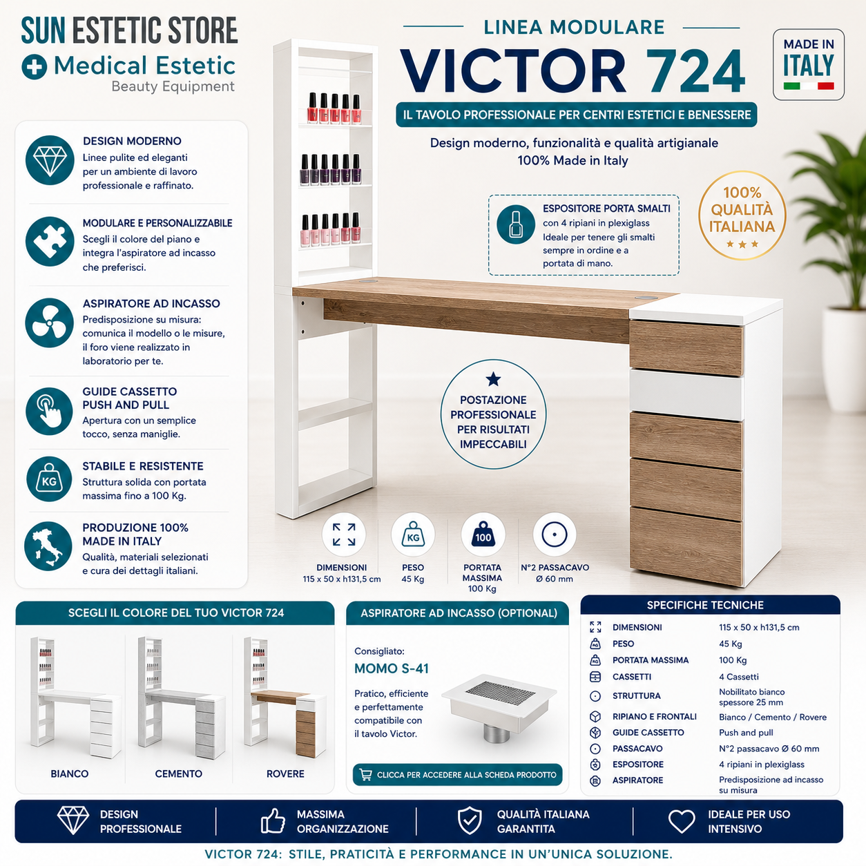 Victor 724 Tavolino manicure nails ricostruzione unghie con mensola e cassettiera