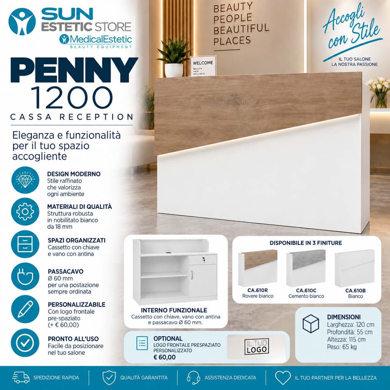 Penny 1200 Cassa Reception negozio con scomparti e cassetto porta tastiera