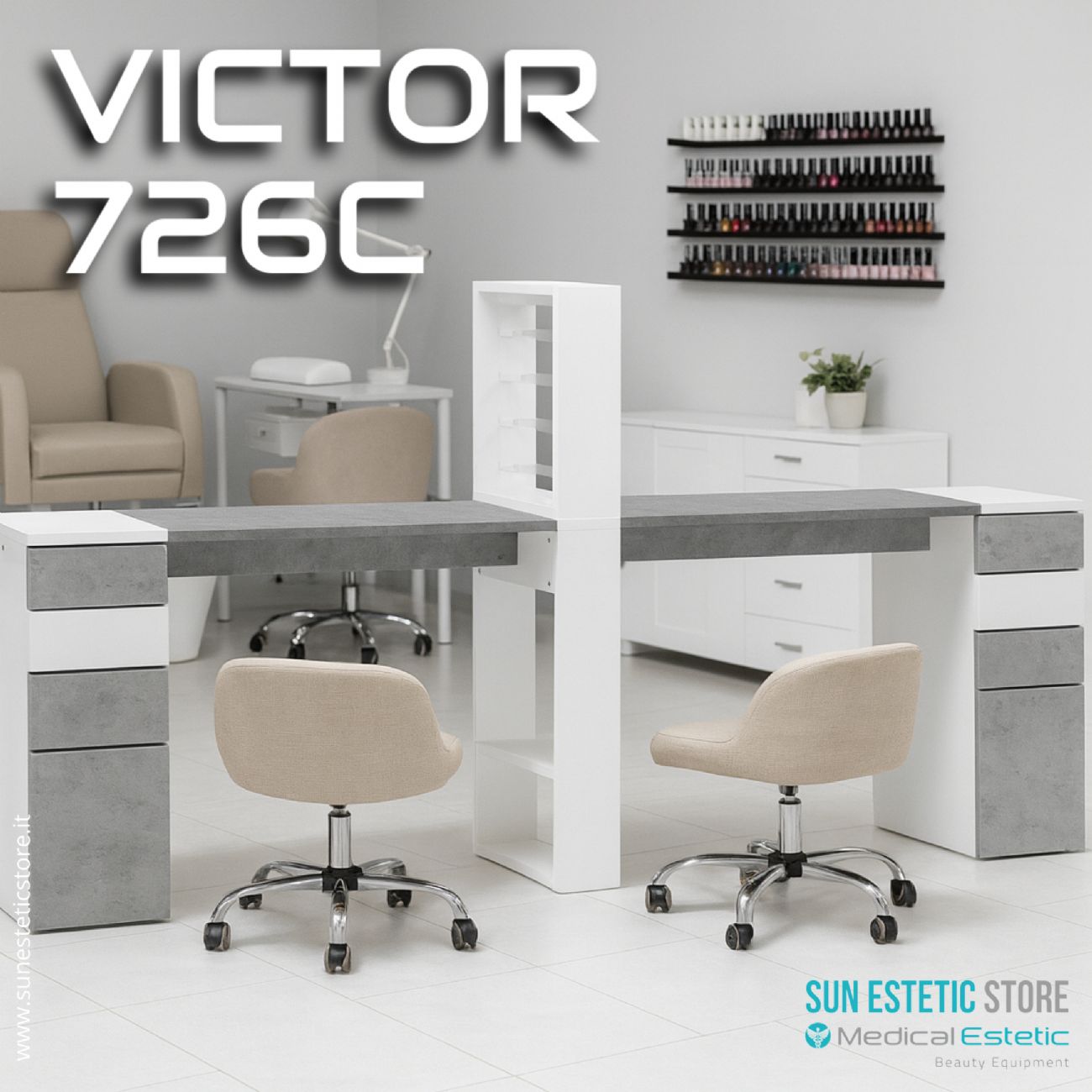 Victor 726 Tavolino doppia postazione manicure nails con mensola e cassettiere