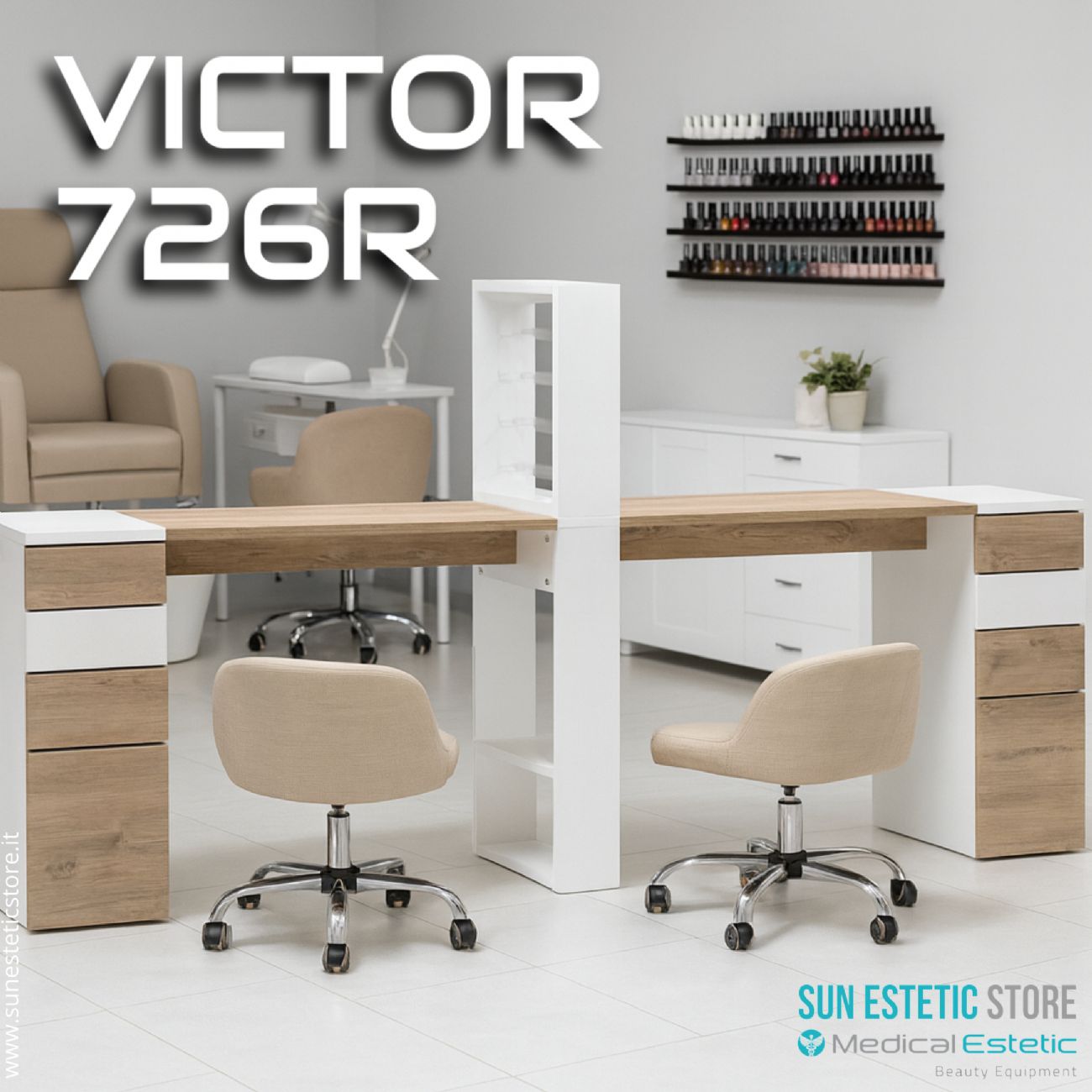 Victor 726 Tavolino doppia postazione manicure nails con mensola e cassettiere