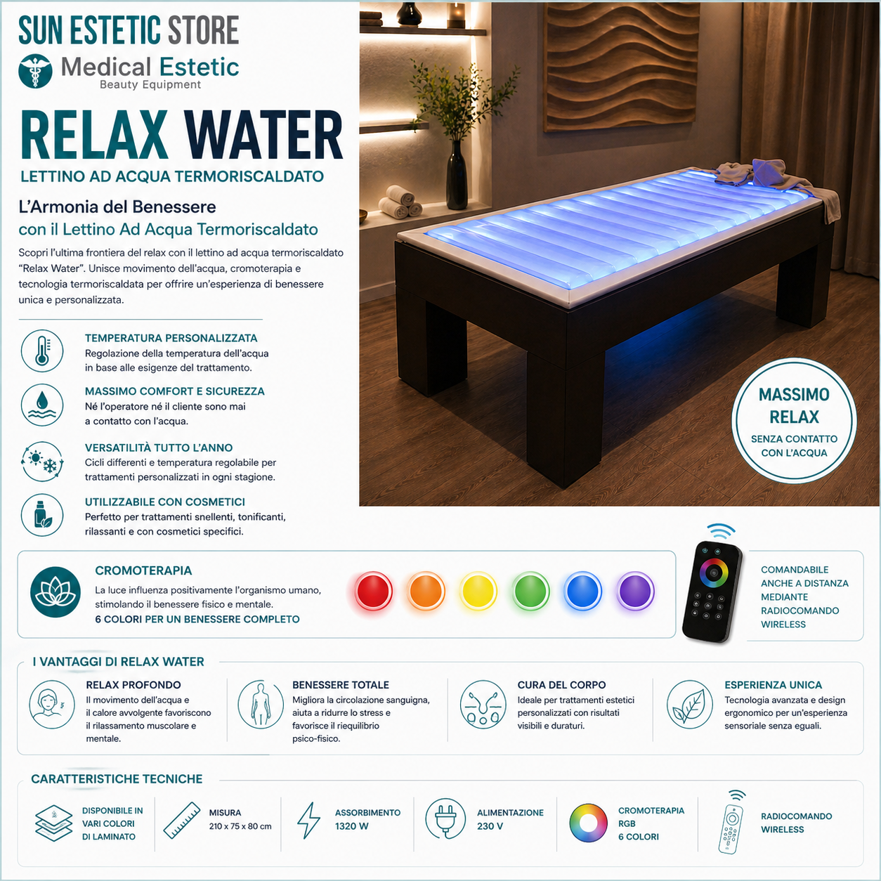 Relax Water lettino ad acqua termoriscaldato con cromoterapia wellness estetica spa
