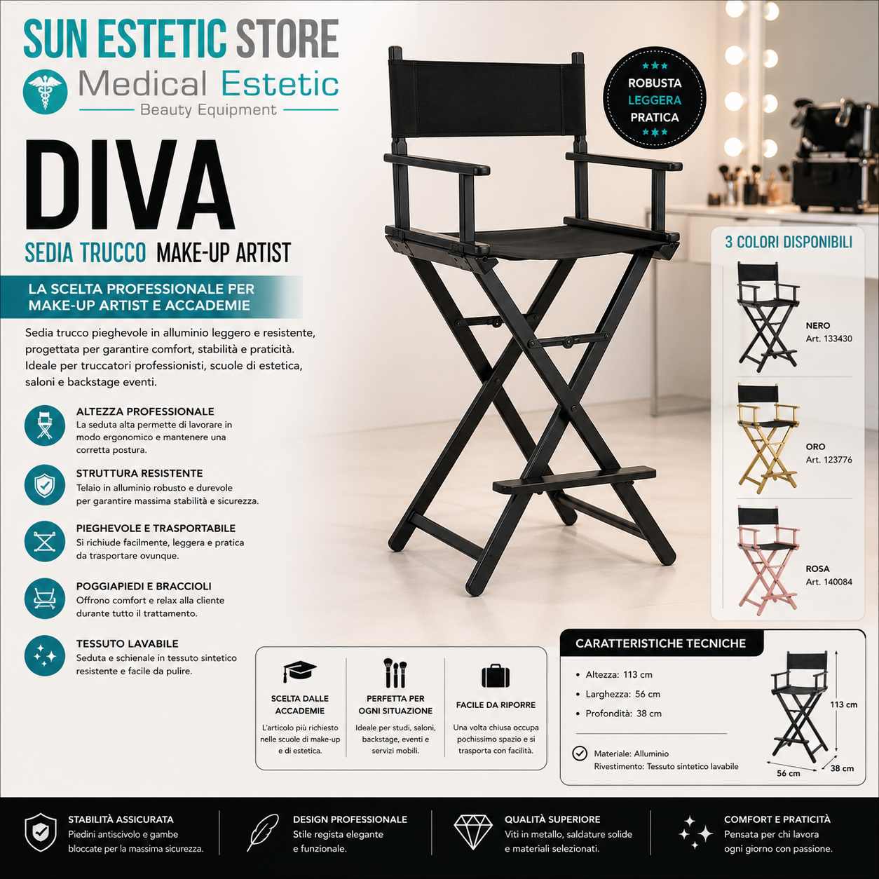Diva sedia trucco mekup professionale struttura in alluminio pieghevole