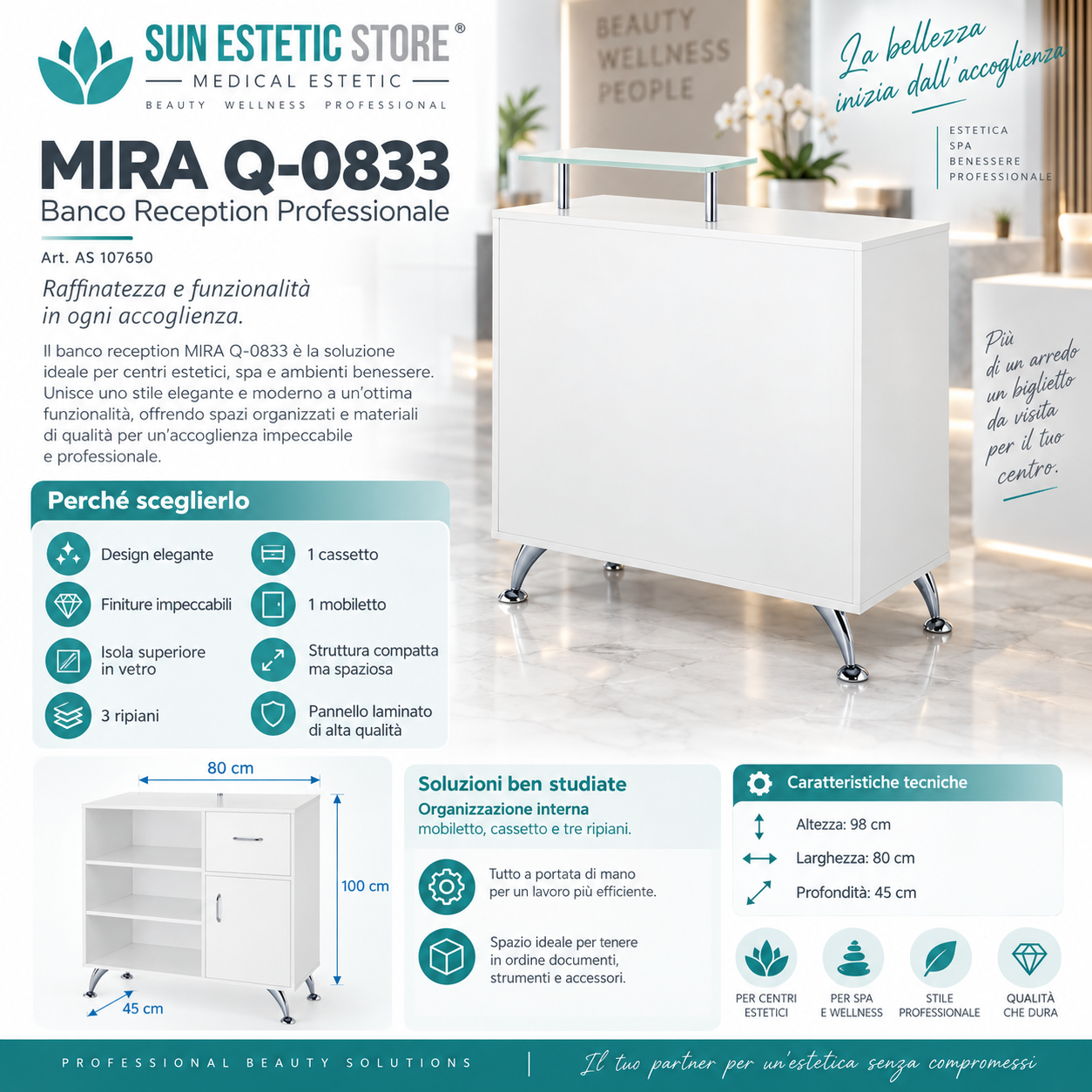 Mira banco cassa reception con 1 mobiletto 1 cassetto e 3 ripiani