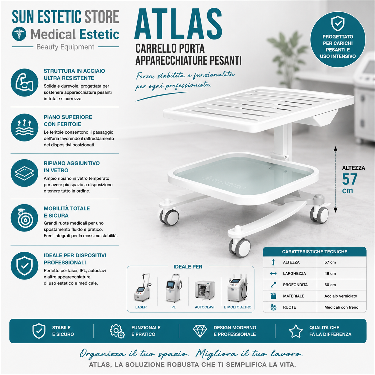 Atlas Carrello porta apparecchiature pesanti con feritoie per laser autoclave