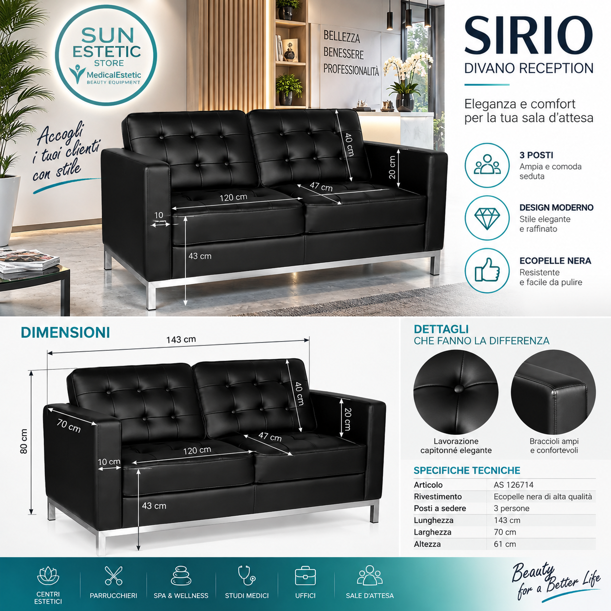 Sirio BM18019 divanetto in pelle reception arredamenti parrucchiere estetica