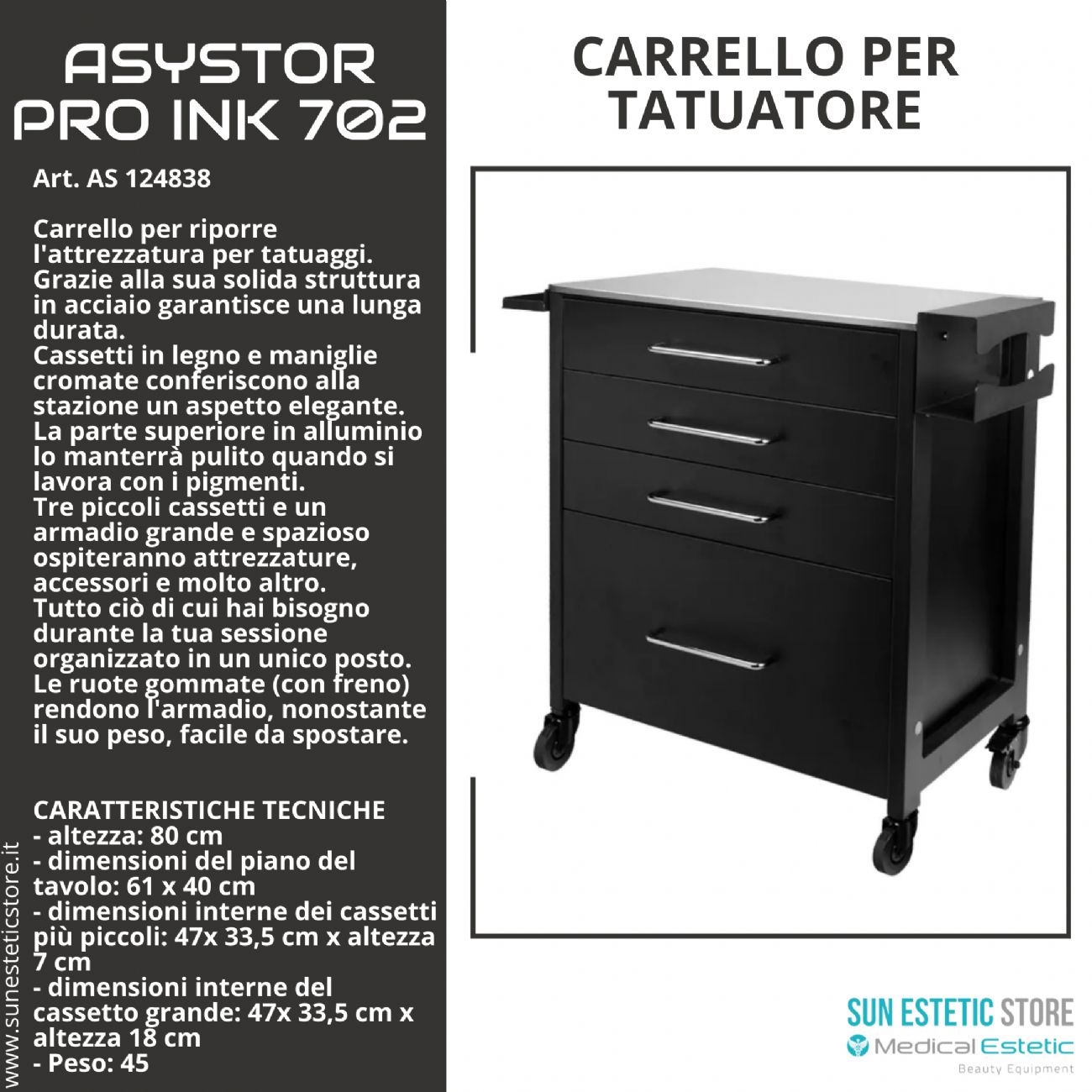 Asystor Pro Ink 702 carrello cassettiera specifico  per studio tattoo attuatore