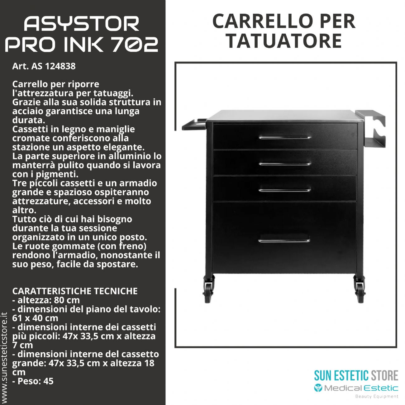 Asystor Pro Ink 702 carrello cassettiera specifico  per studio tattoo attuatore