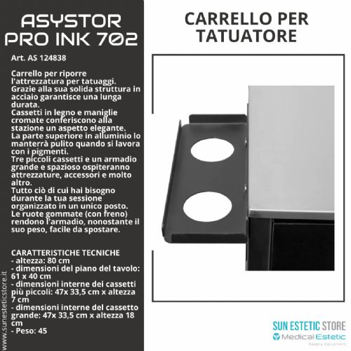 Asystor Pro Ink 702 carrello cassettiera specifico  per studio tattoo attuatore