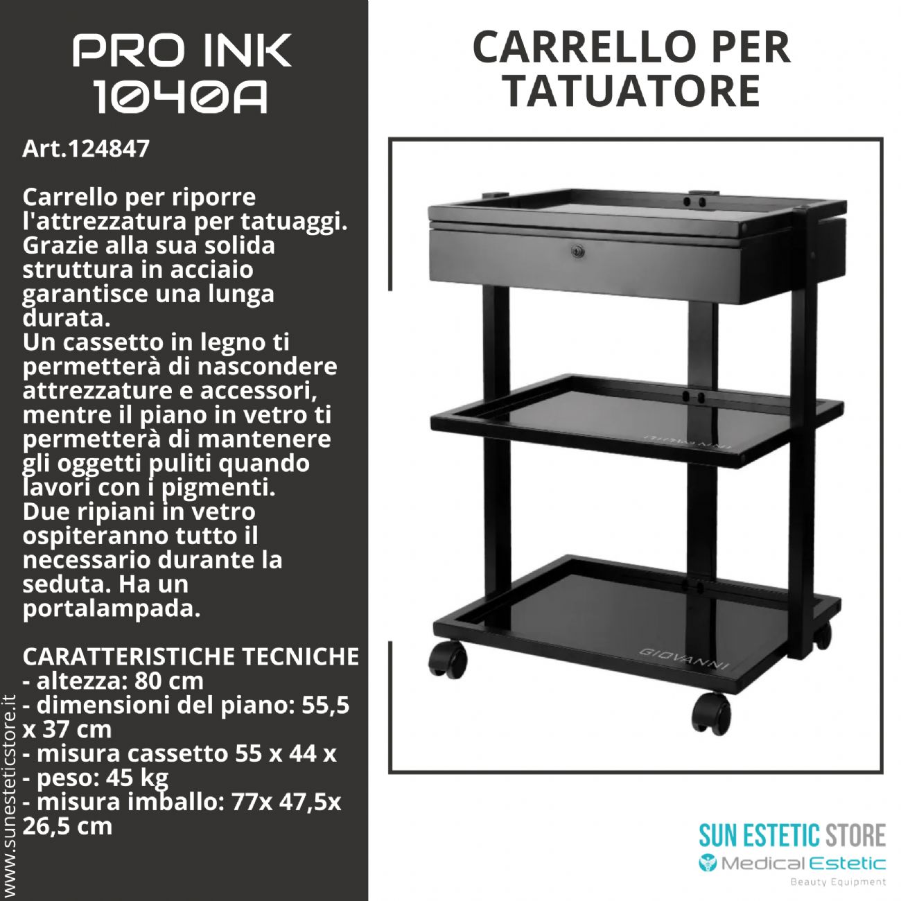 Pro Ink 1040A carrello con cassetto per studio tattoo tatuatore colore nero