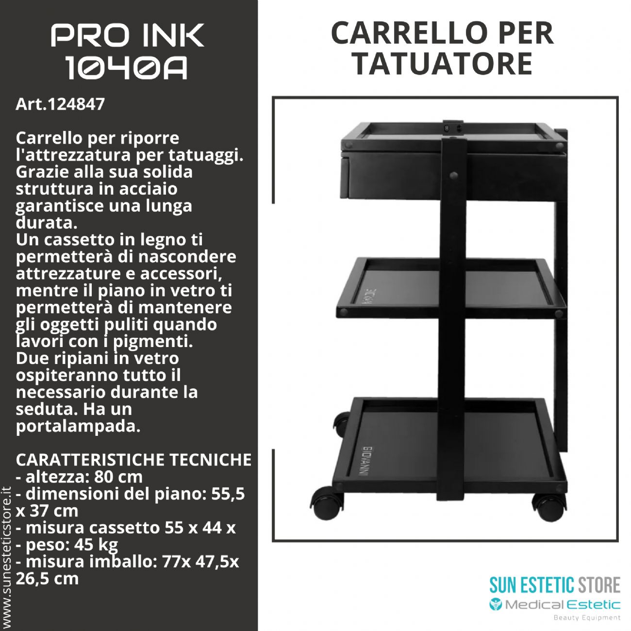 Pro Ink 1040A carrello con cassetto per studio tattoo tatuatore colore nero