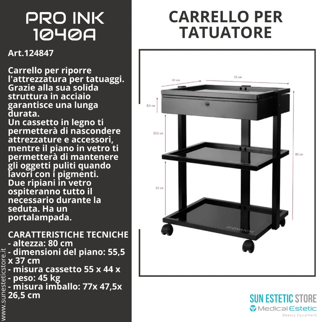 Pro Ink 1040A carrello con cassetto per studio tattoo tatuatore colore nero