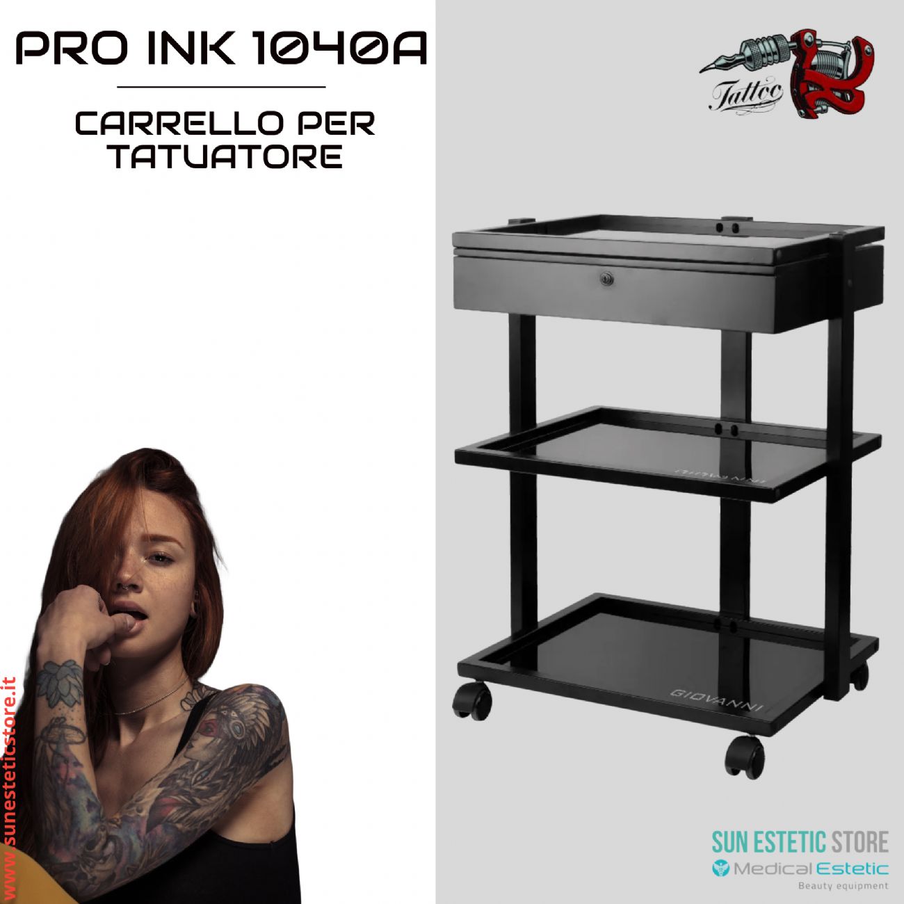 Pro Ink 1040A carrello con cassetto per studio tattoo tatuatore colore nero