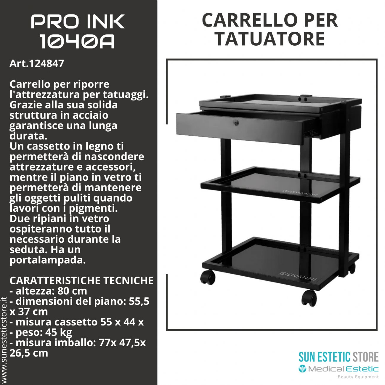 Pro Ink 1040A carrello con cassetto per studio tattoo tatuatore colore nero
