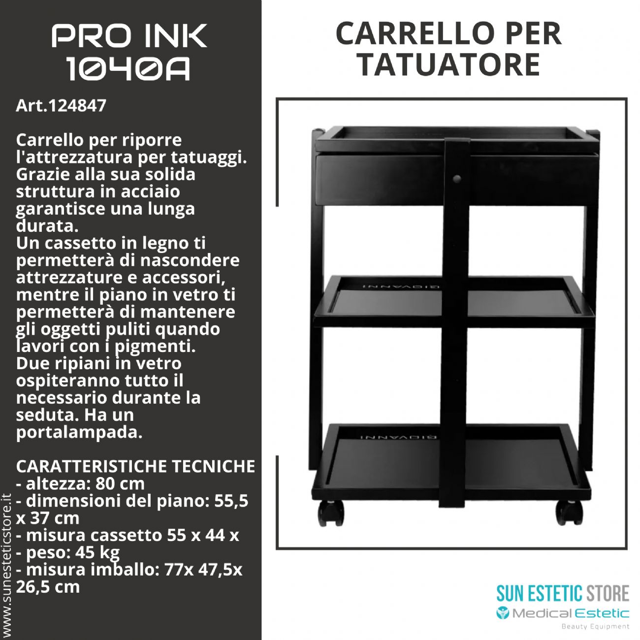 Pro Ink 1040A carrello con cassetto per studio tattoo tatuatore colore nero