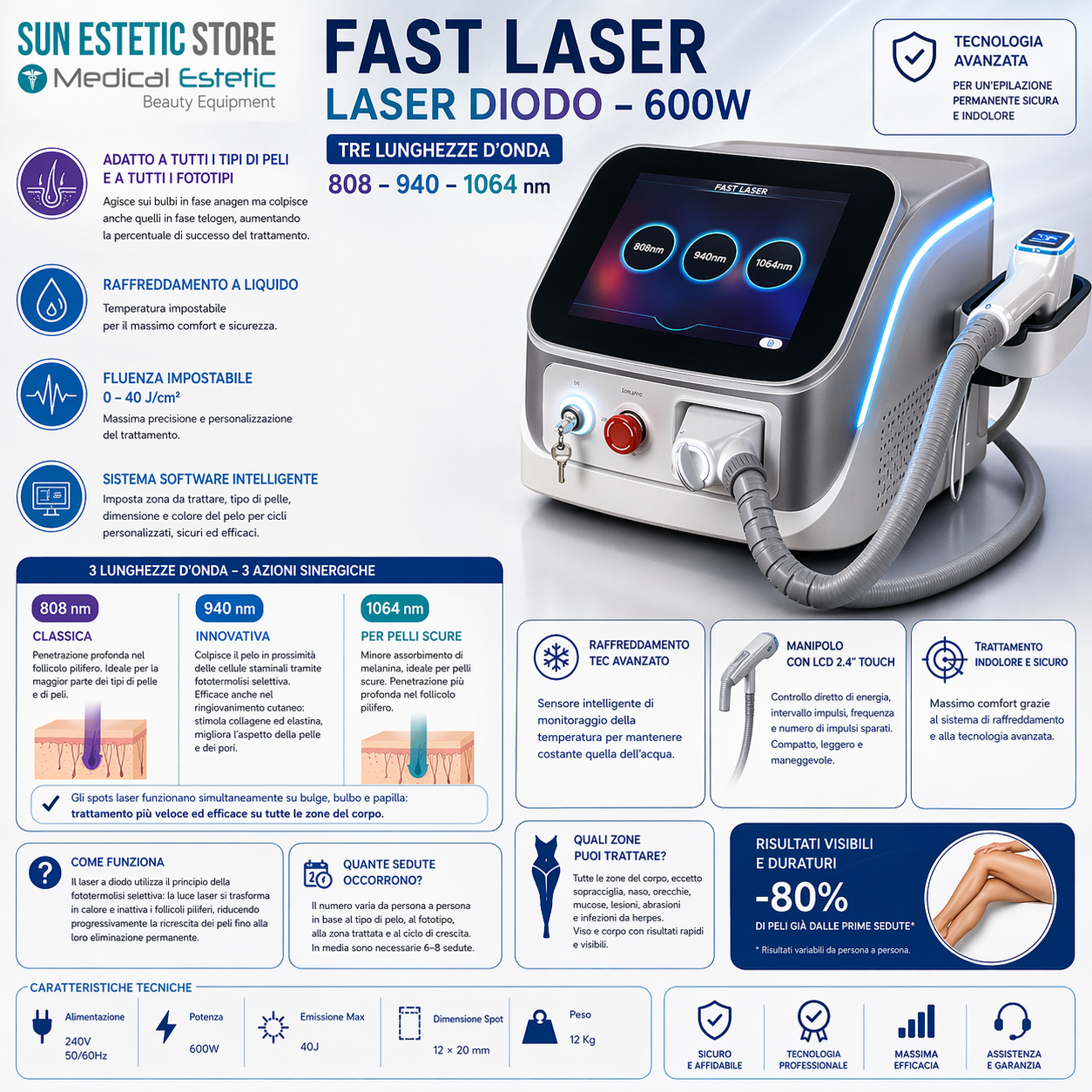 iKhona Fast Laser diodo 2 lunghezze d'onda 808 - 1064 nm - 1000W portatile estetica 40J