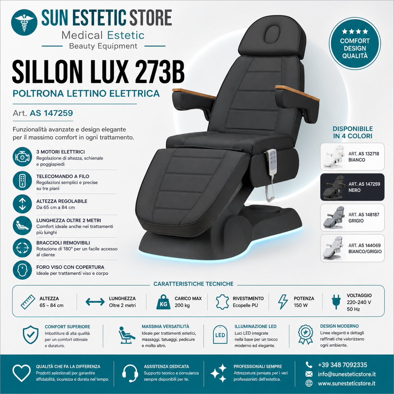 Sillon Lux 273B Poltrona lettino multifunzionale 3 segmenti 3 motori estetica
