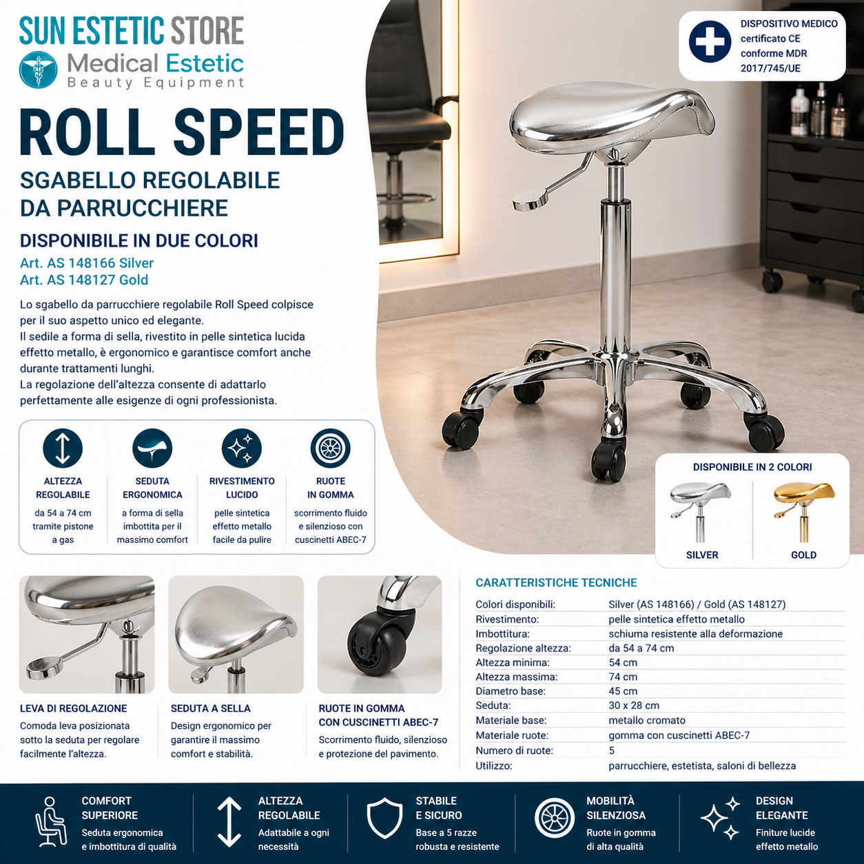 Rool Speed sgabello sagomato regolabile studio estetica parrucchiere tattoo