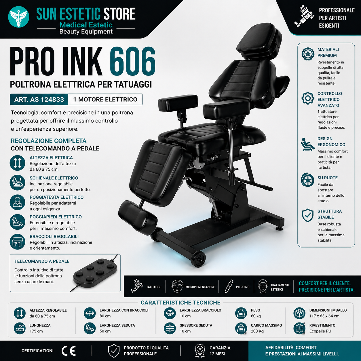 Pro Ink 606 poltrona lettino tattoo elettrica multifunzionale i tattuaggi