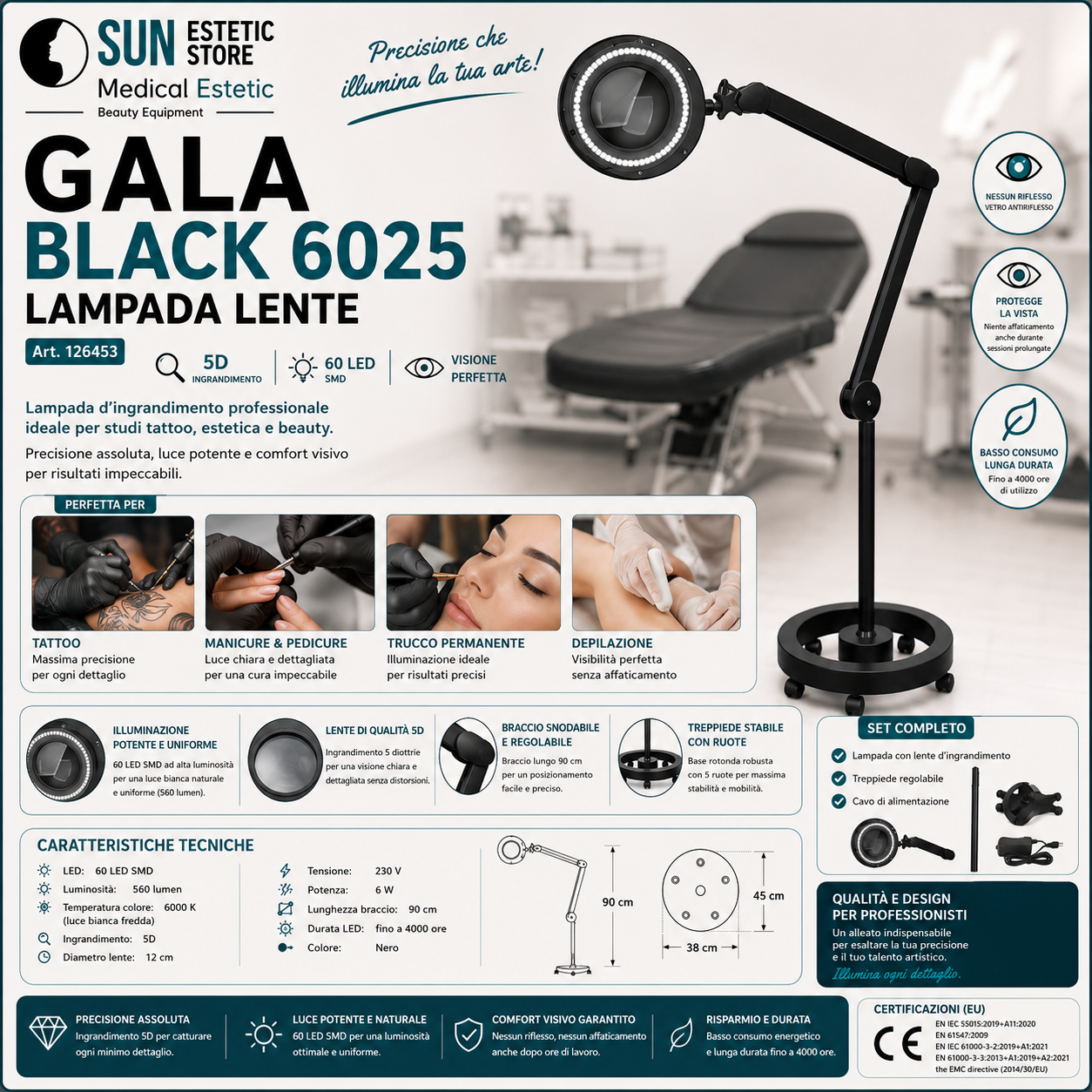 Gala Black lampada led lente ingrandimento estetista studio tattoo medico