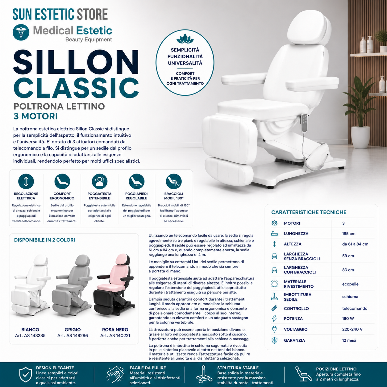 Sillon Classic poltrona lettino elettrica 3 motori estetica spa studio medico