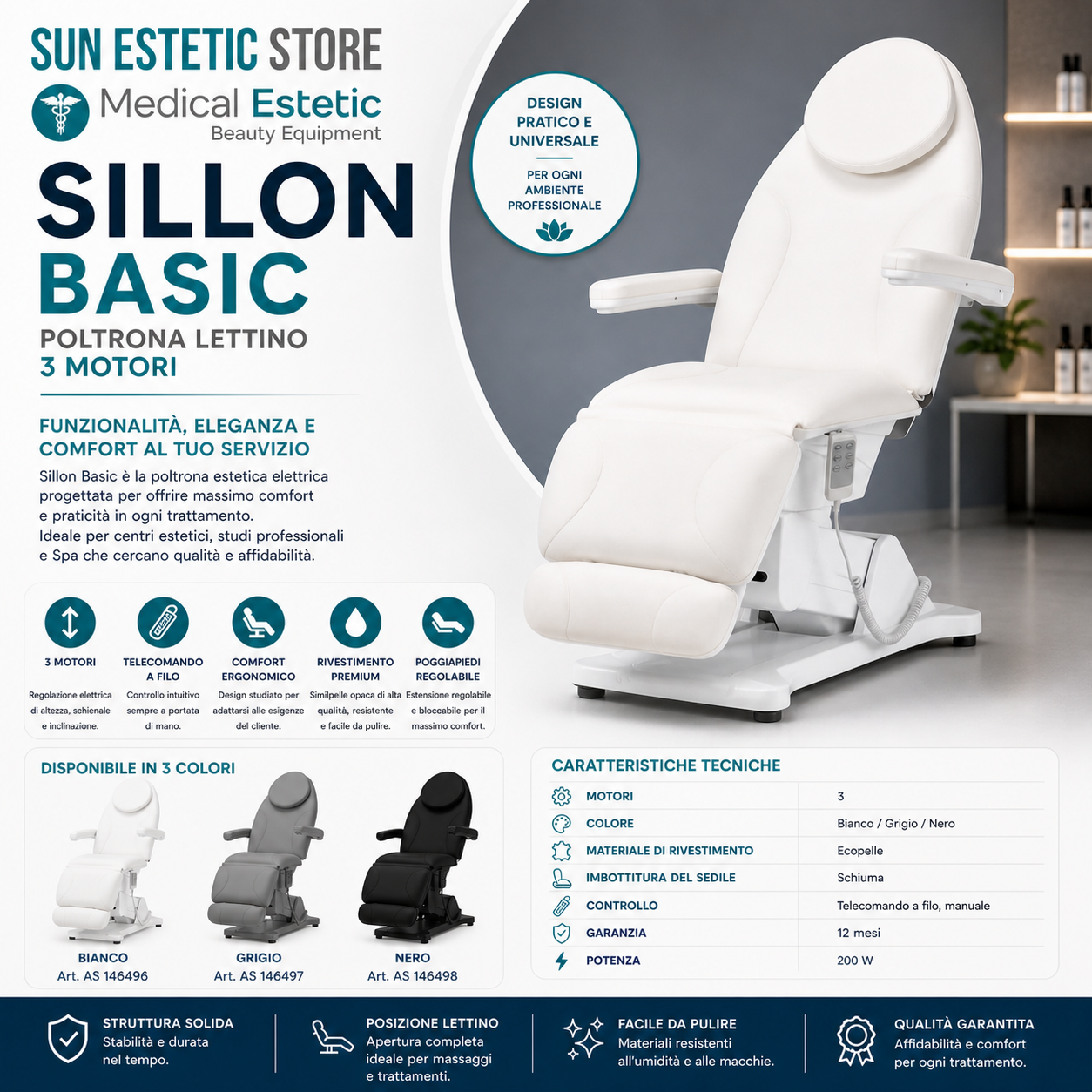 Sillon Basic poltrona lettino elettrica 3 motori estetica spa studio medico