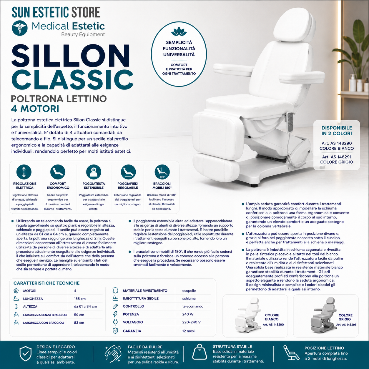 Sillon Classic poltrona lettino elettrica 4 motori estetica spa studio medico