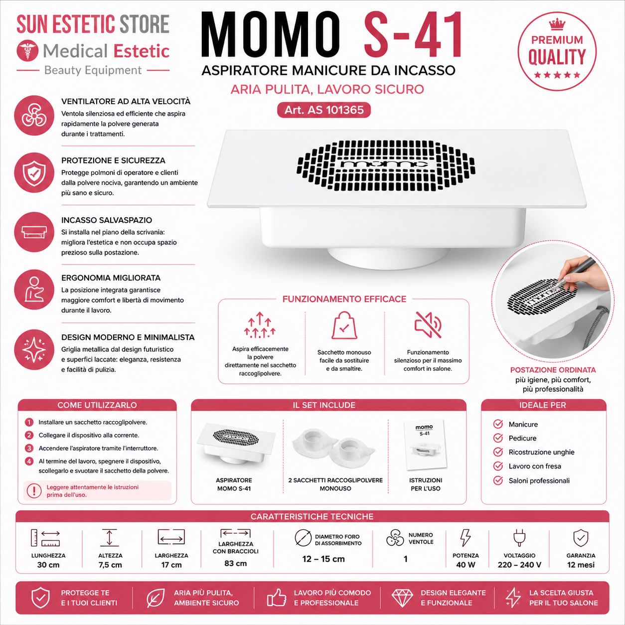 Momo S-41 aspiratore da incasso per tavolo manicure ricostruzione unghie nails