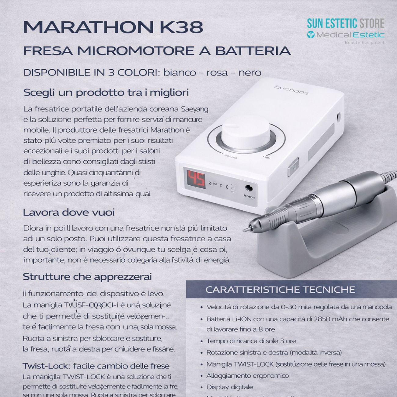 Marathon k38 fresa micromotore a batteria portatile onicotecnica nails