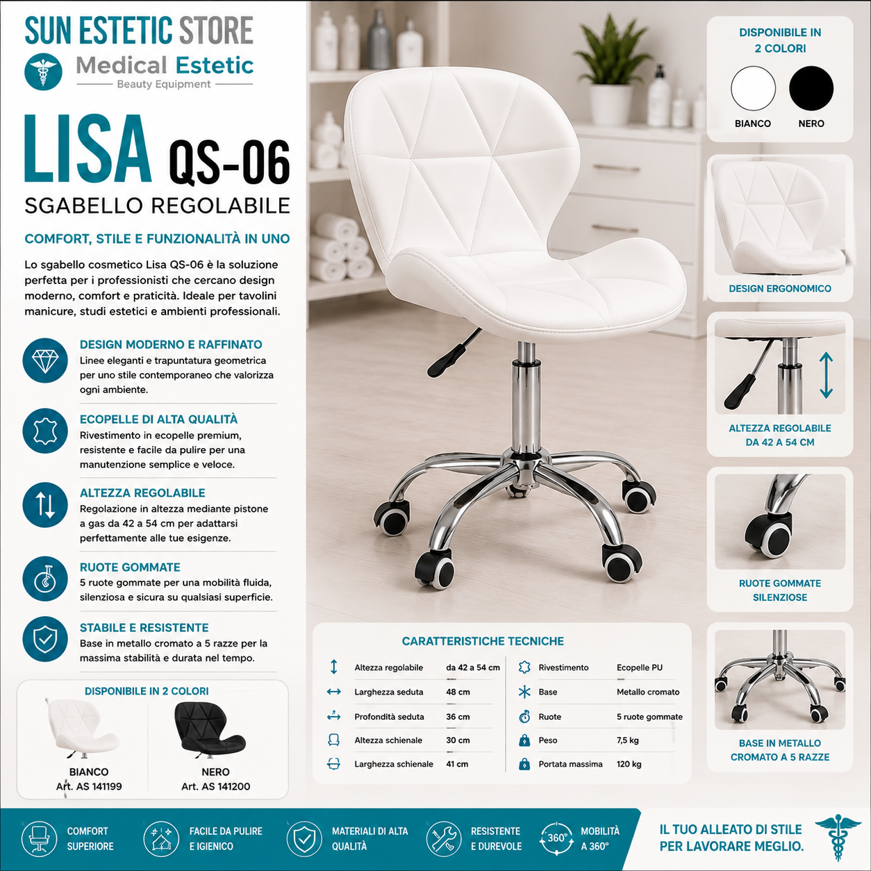 Lisa QS-06 sgabello poltroncina regolabile con schienale estetica manicure