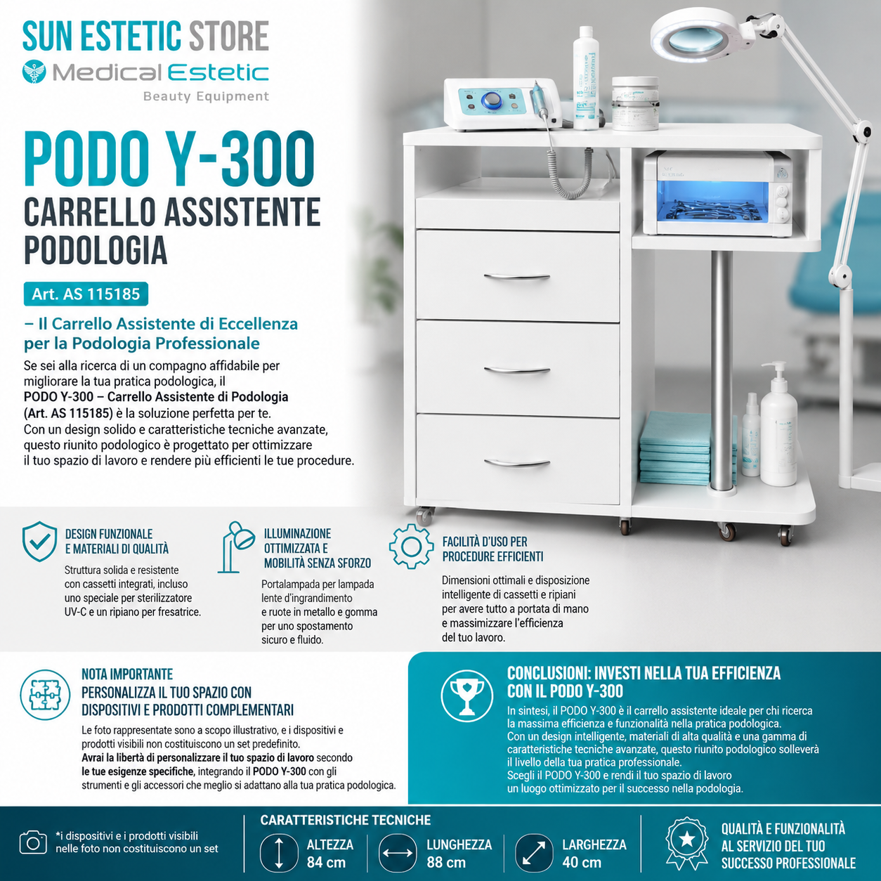 Podo Y-300 carrello assistente porta attrezzature per studio podologico