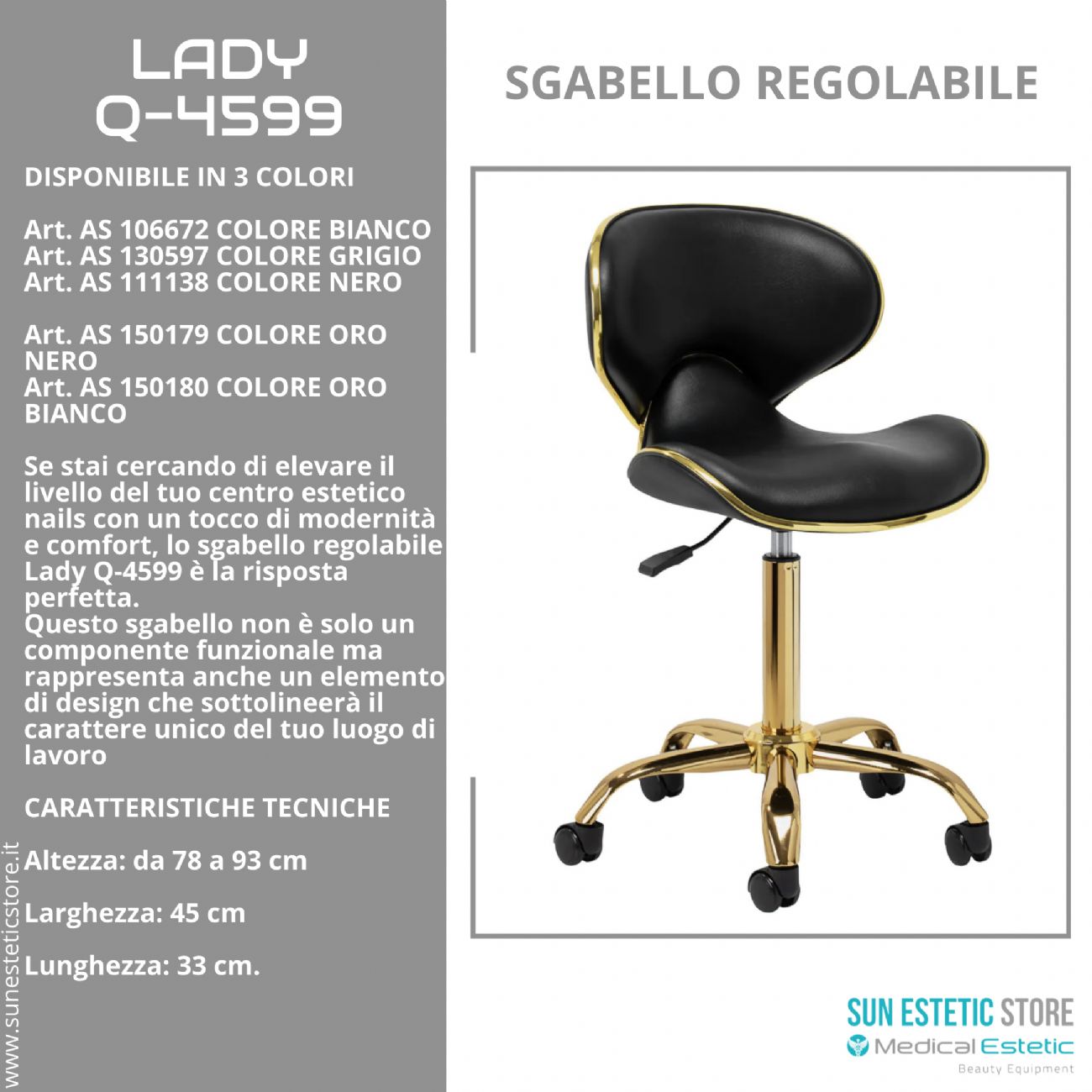 Lady Q-4599 sgabello poltroncina regolabile con schienale estetica nails