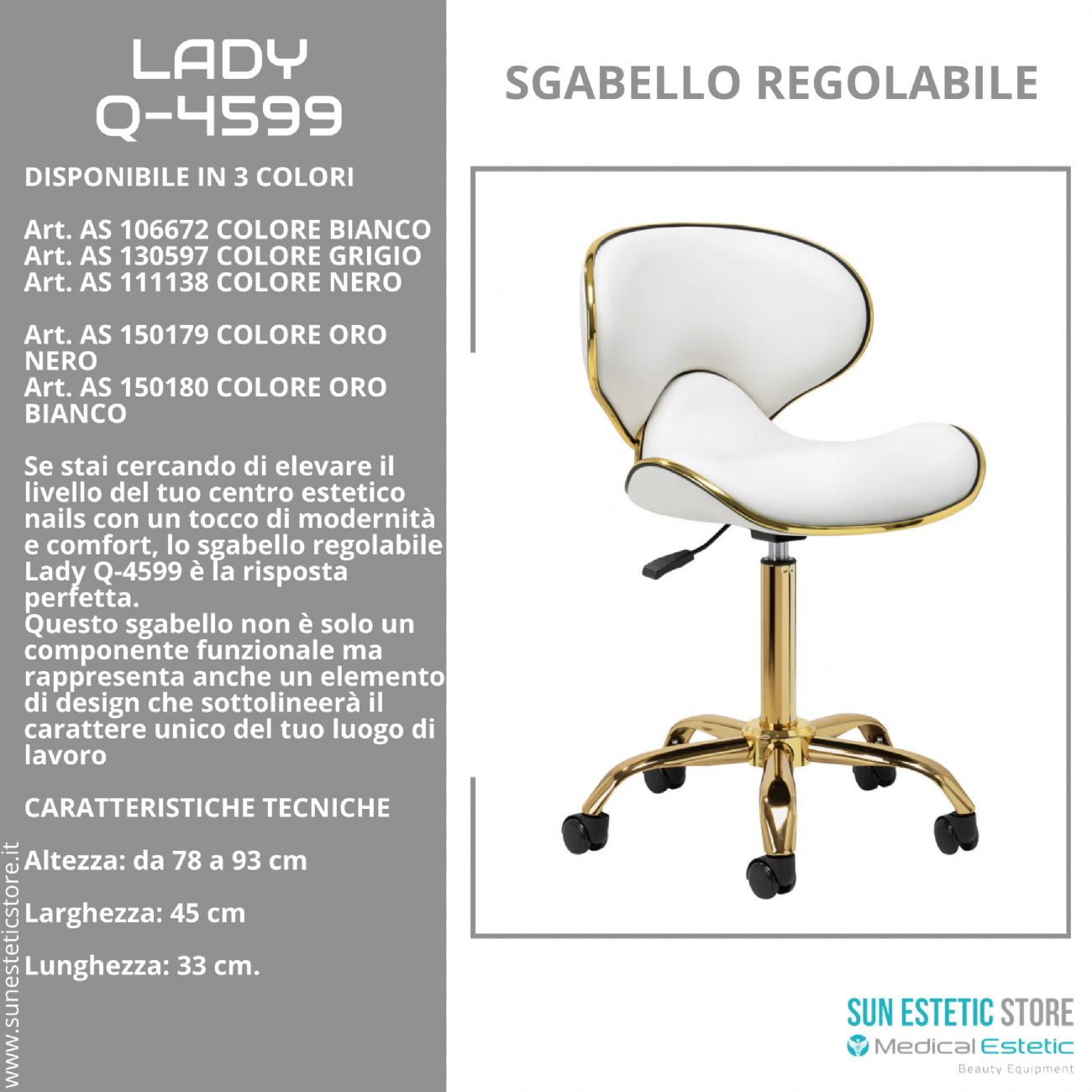 Lady Q-4599 sgabello poltroncina regolabile con schienale estetica nails