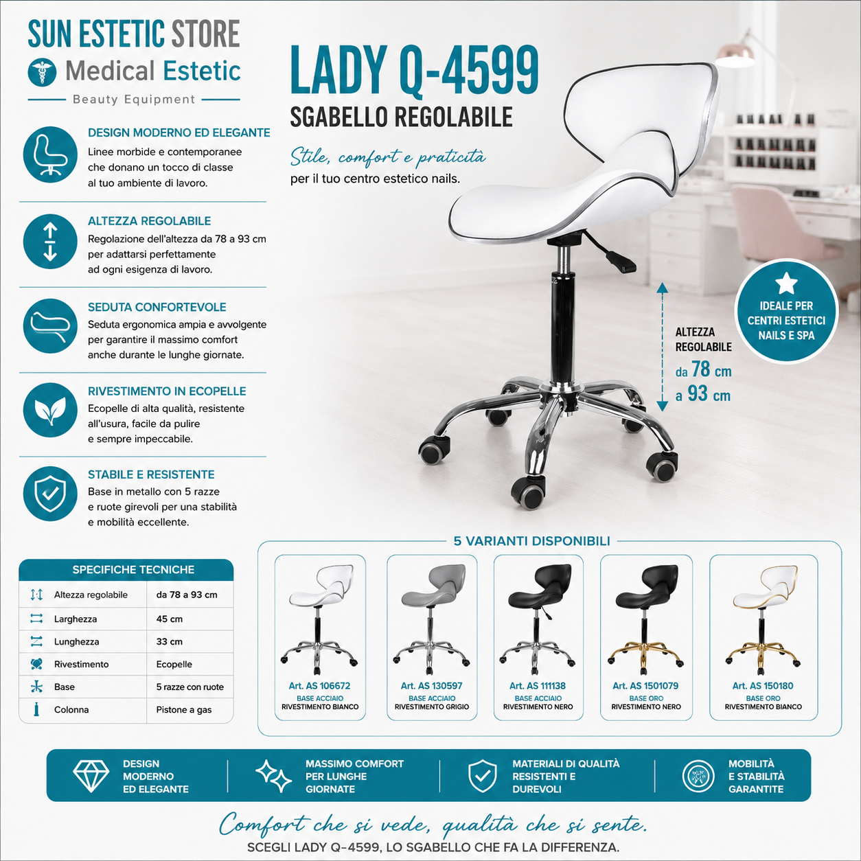 Lady Q-4599 sgabello poltroncina regolabile con schienale estetica nails