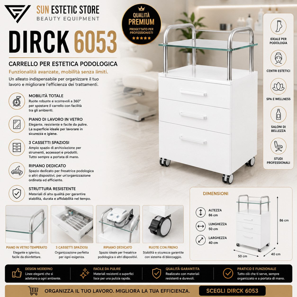 Dirck 6053 carrello assistente porta attrezzature per studio podologico estetica