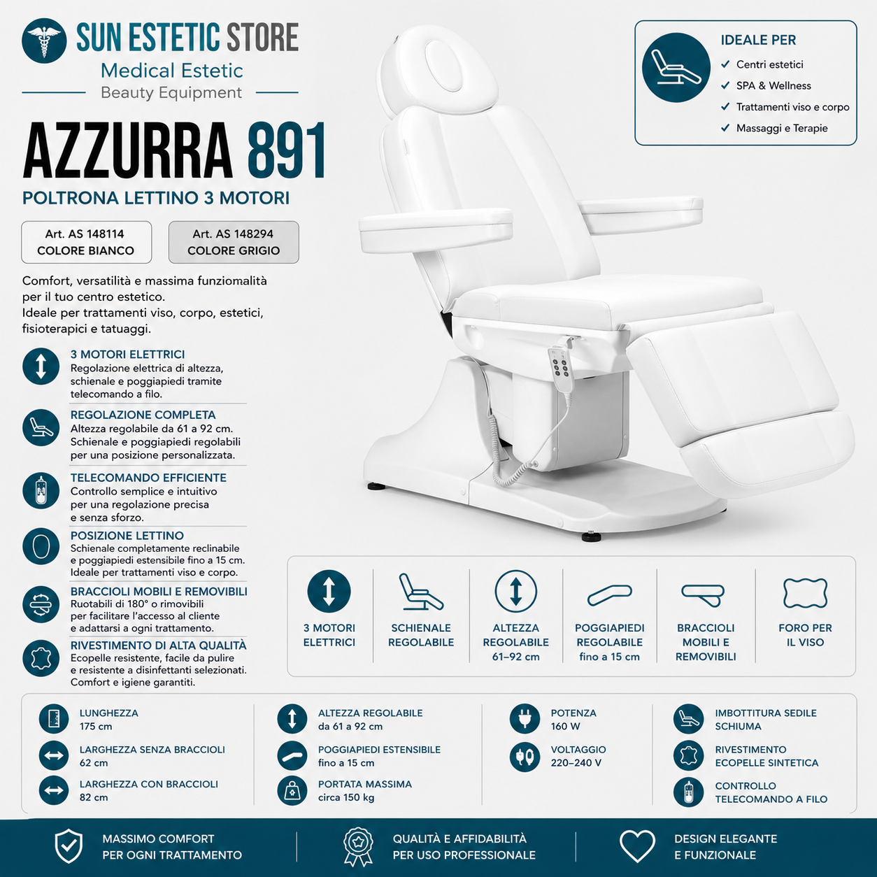 Azzurra 891 poltrona lettino elettrica professionale 3 motori estetica