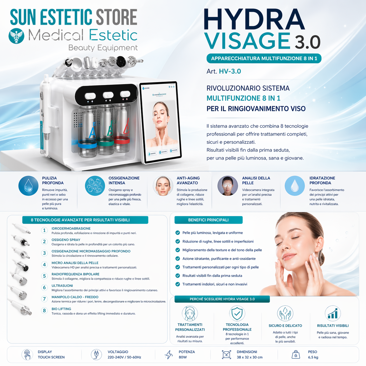 Hydra Visage 3.0 multifunzione viso 8 in 1 con analisi della pelle