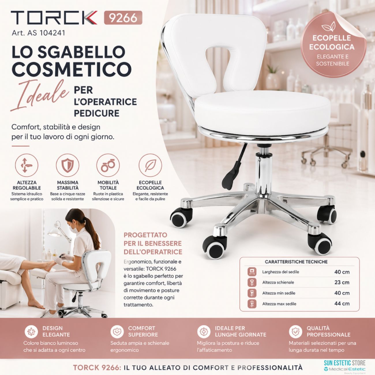 Torck sgabello pedicure ergonomico regolabile con schienale estetica Spa