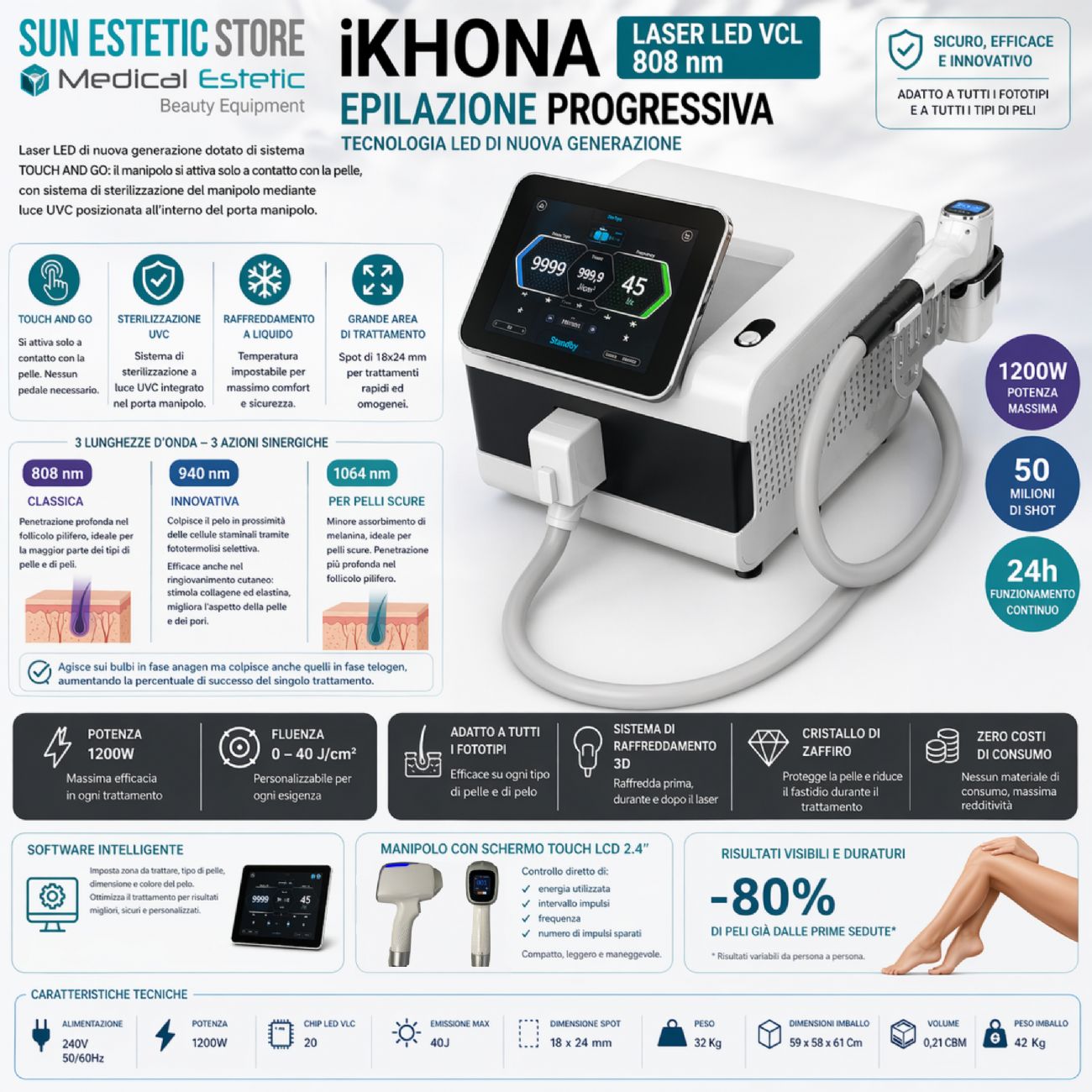 iKhona Laser LED VLC 808 nm 1200W epilazione progressiva