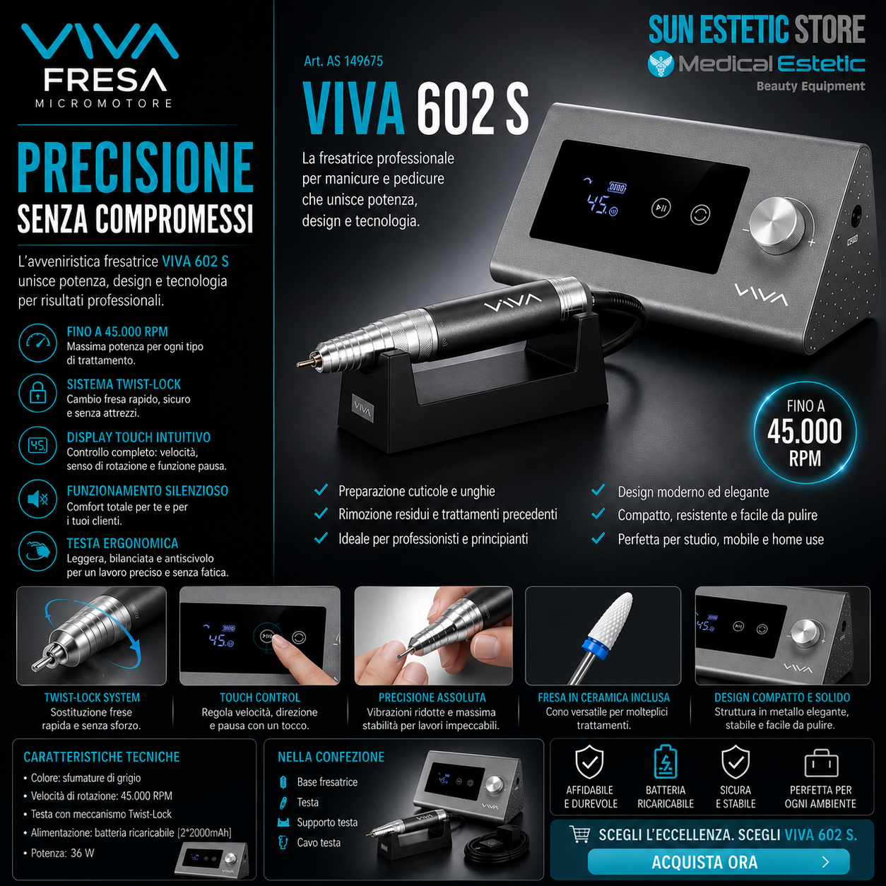 Viva 602 S fresa micromotore per manicure pedicure
