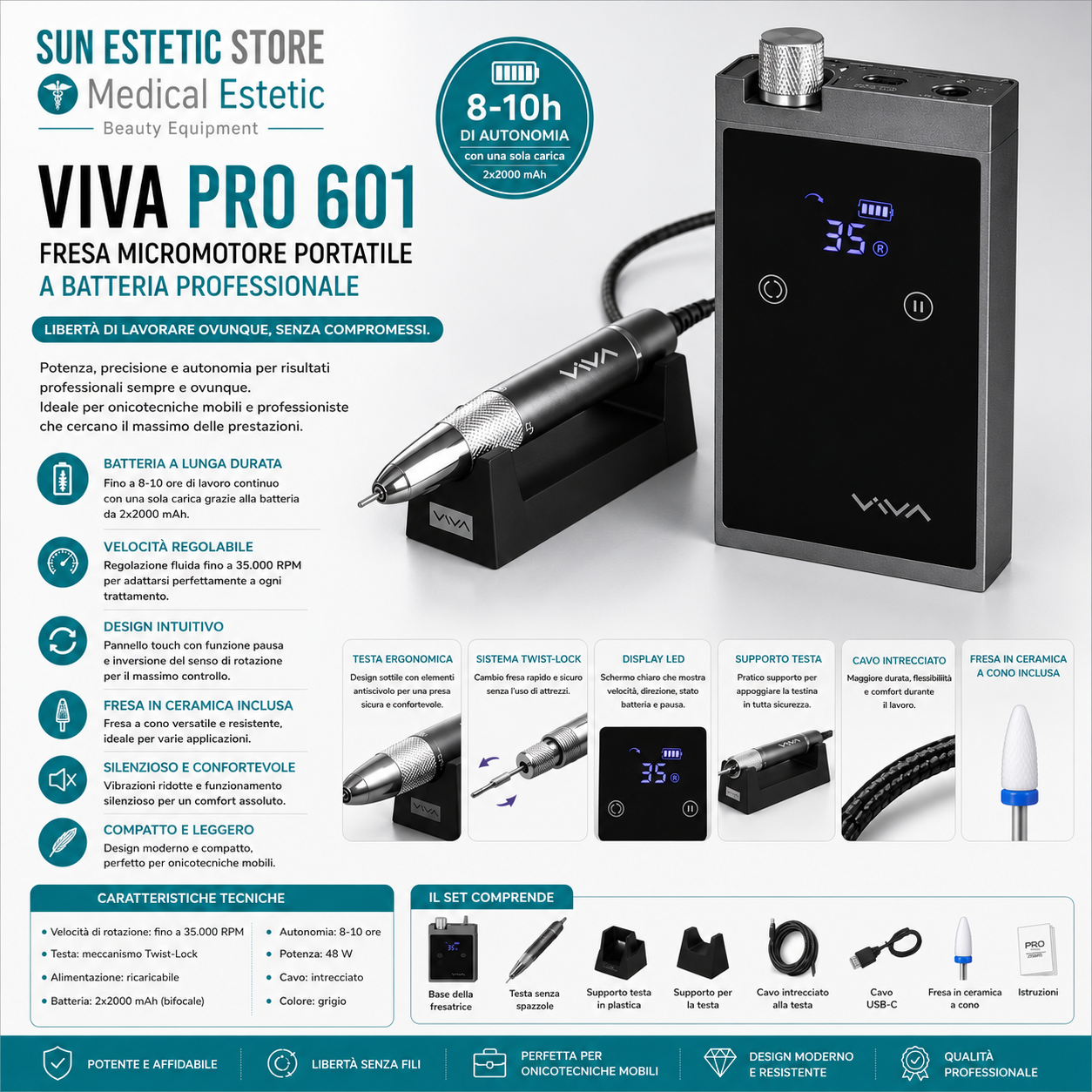 Viva 601 PRO fresa micromotore portatile a batteria per manicure