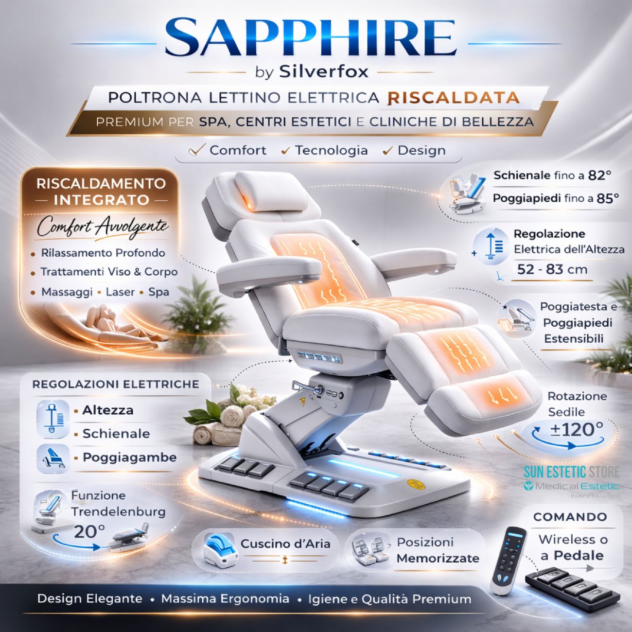 Sapphire poltrona lettino estetica elettrica 4 motori riscaldata
