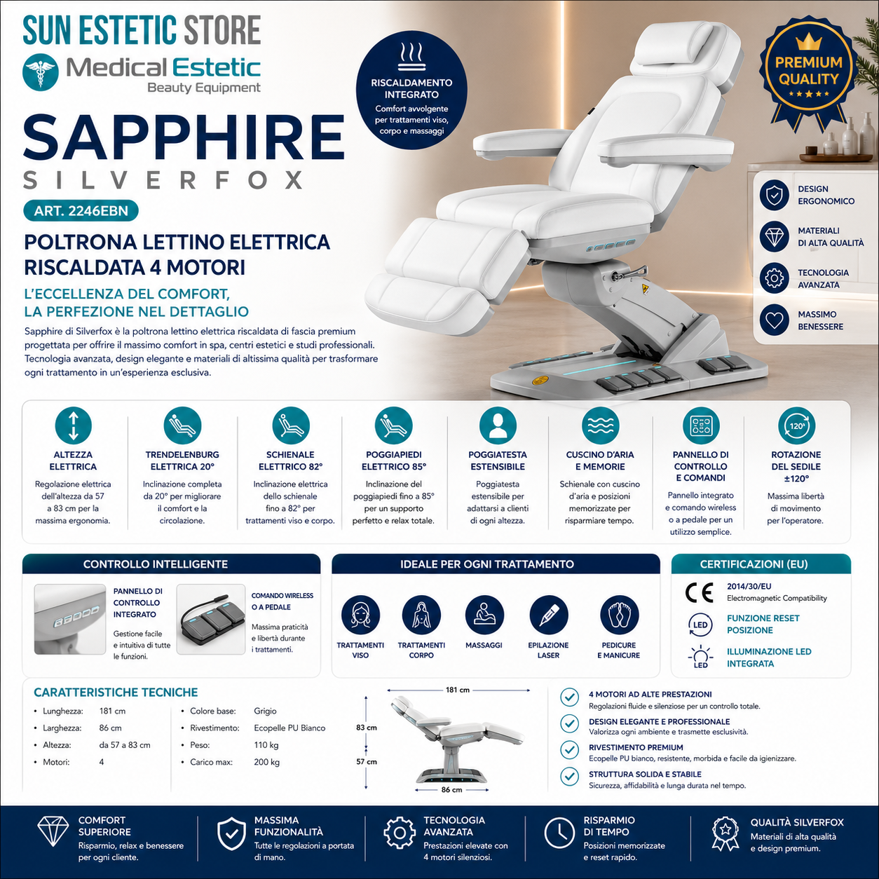 Sapphire poltrona lettino estetica elettrica 4 motori riscaldata