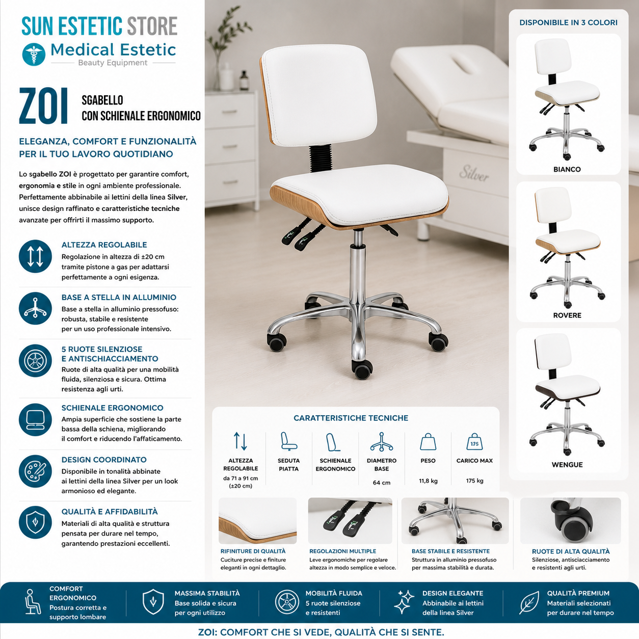 Zoi sgabello multiregolabile con seduta piatta e schienale ergonomico