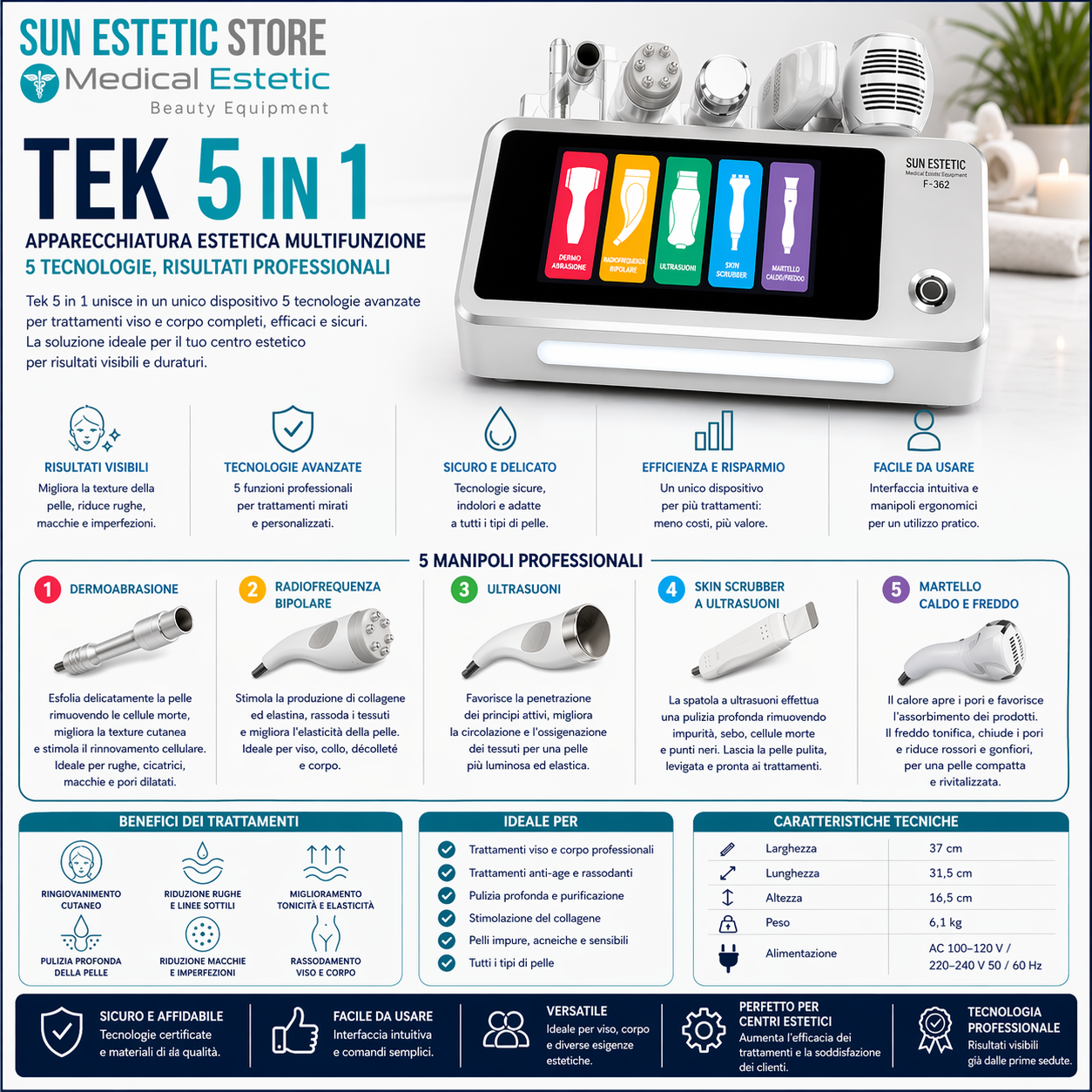 TEK 5 in 1 Apparecchiatura estetica multifunzione per trattamenti viso