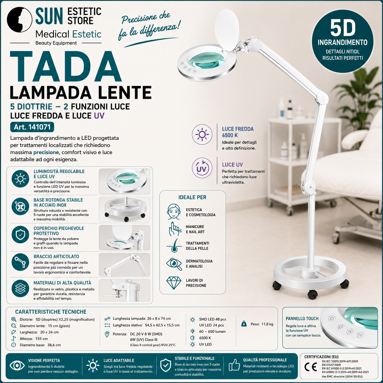 Tada lampada lente 5 diottrie 2 funzione luce fredda e luce UV con stativo