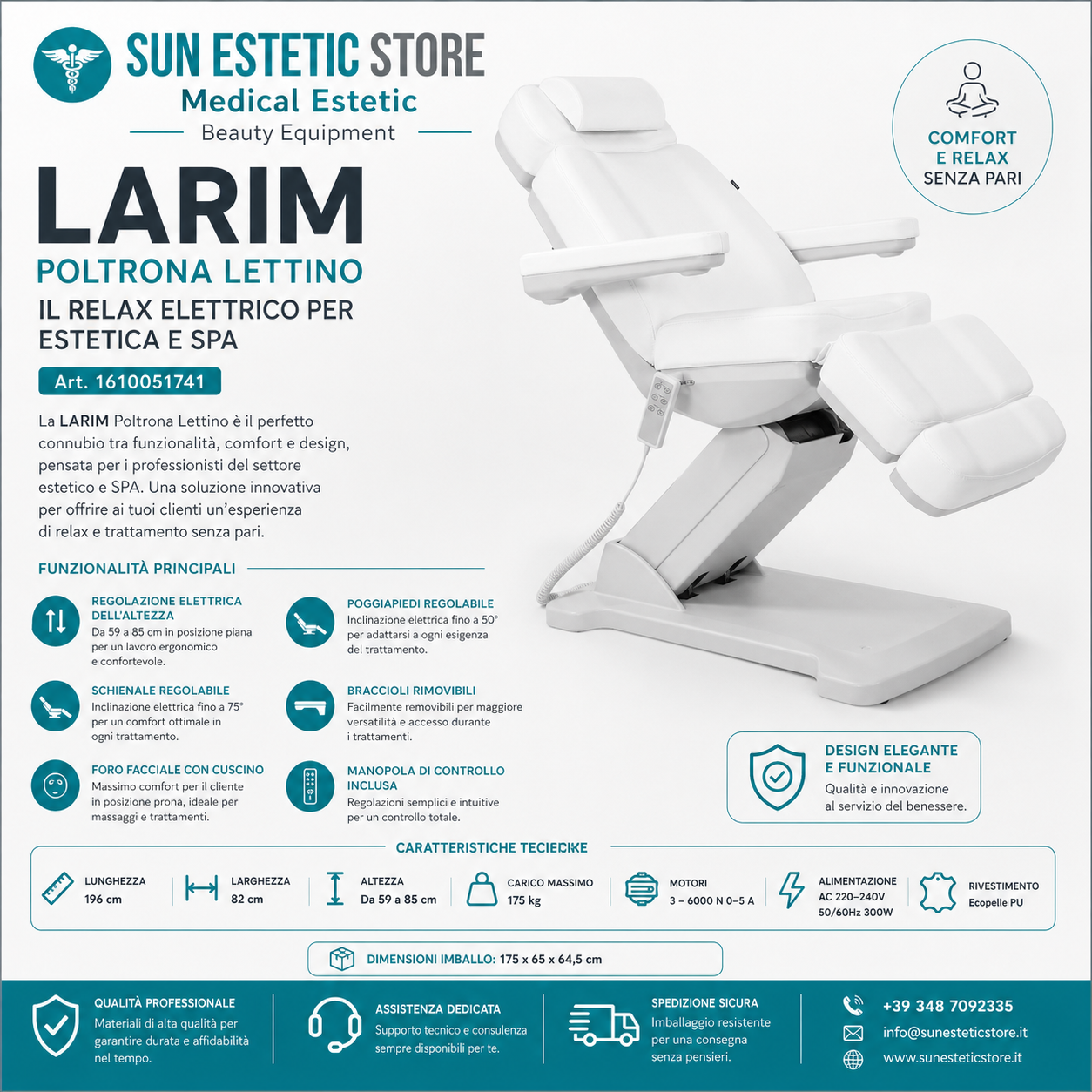 Larim poltrona lettino elettrica 3 motori per estetica spa