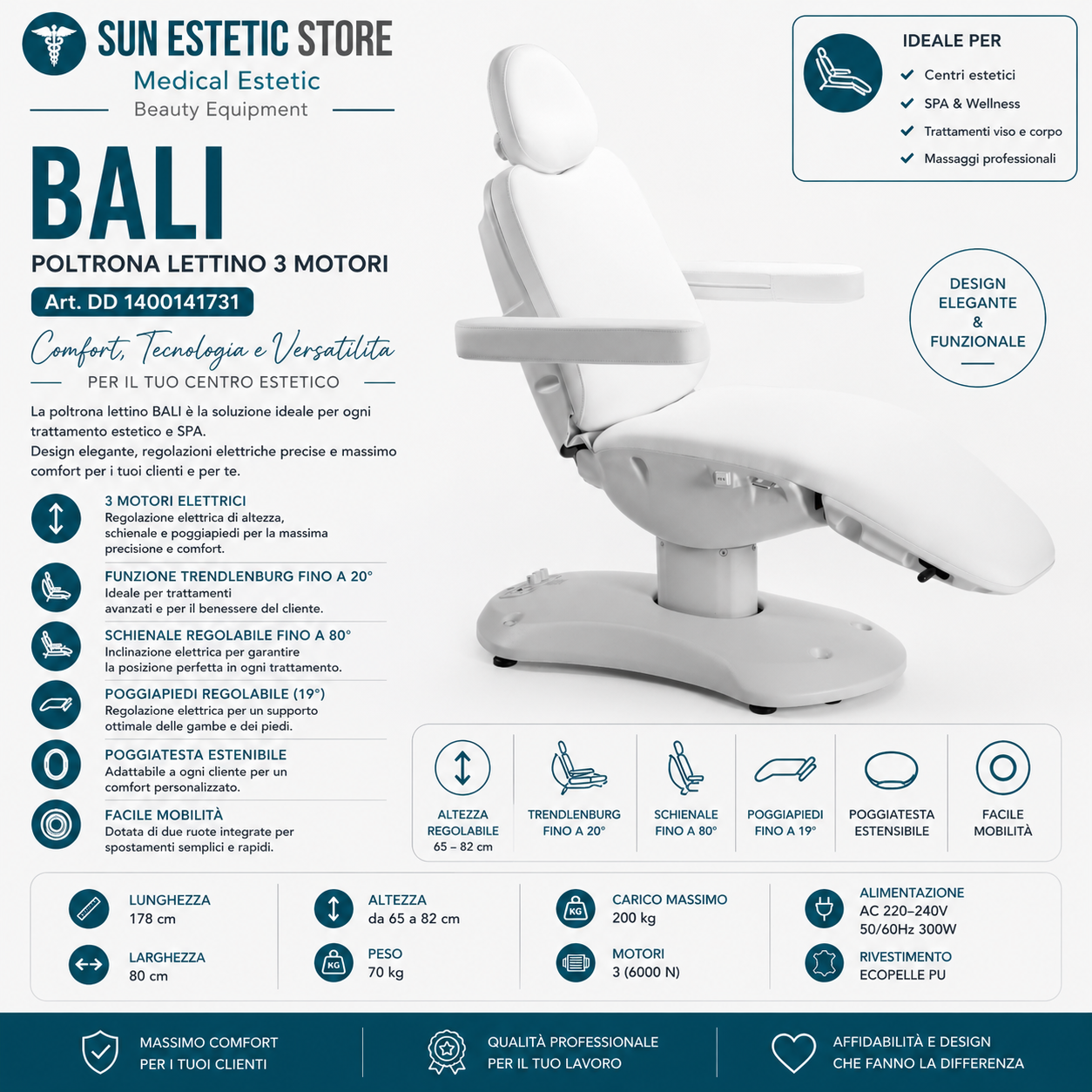 Bali poltrona lettino elettrica tre motori per estetica Spa