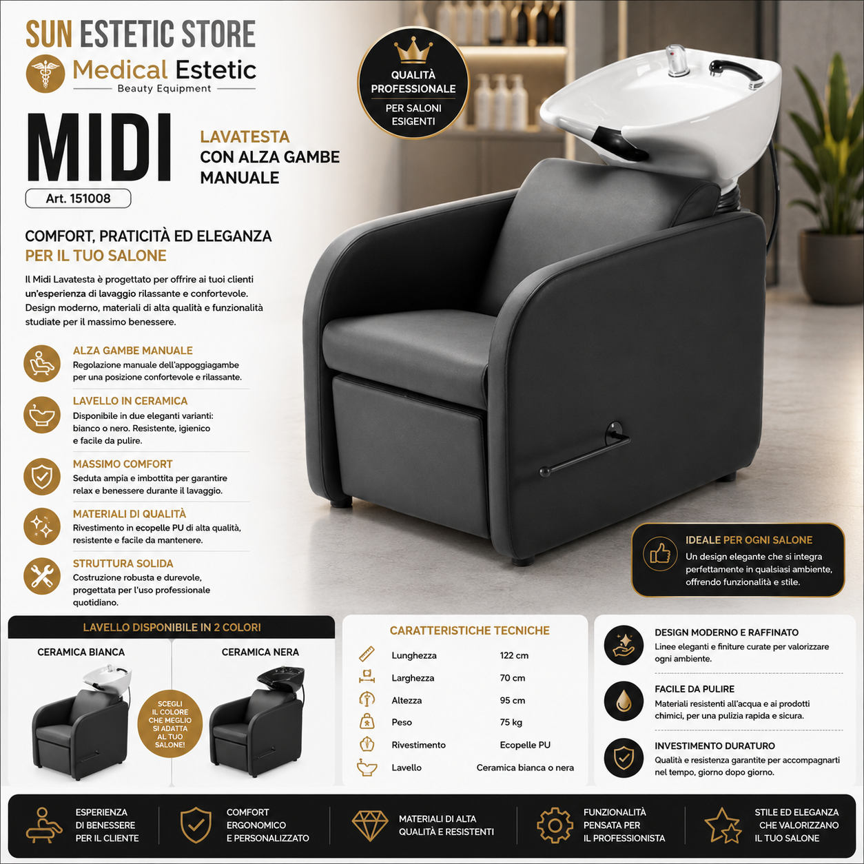 Midi poltrona lavatesta con alza gambe manuale